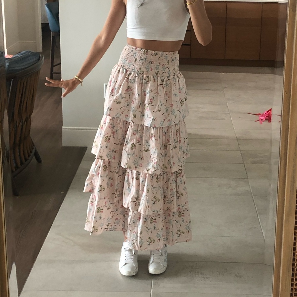 WeWoreWhat Pink and Cream Smocked Top